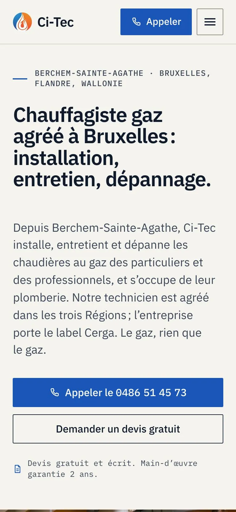 Aperçu du site de Ci-Tec, chauffagiste gaz à Berchem-Sainte-Agathe, sur téléphone