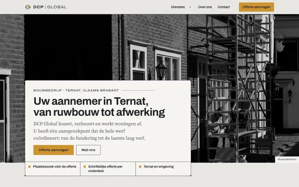 Aperçu en néerlandais du site de DCP Global, entreprise de construction à Ternat