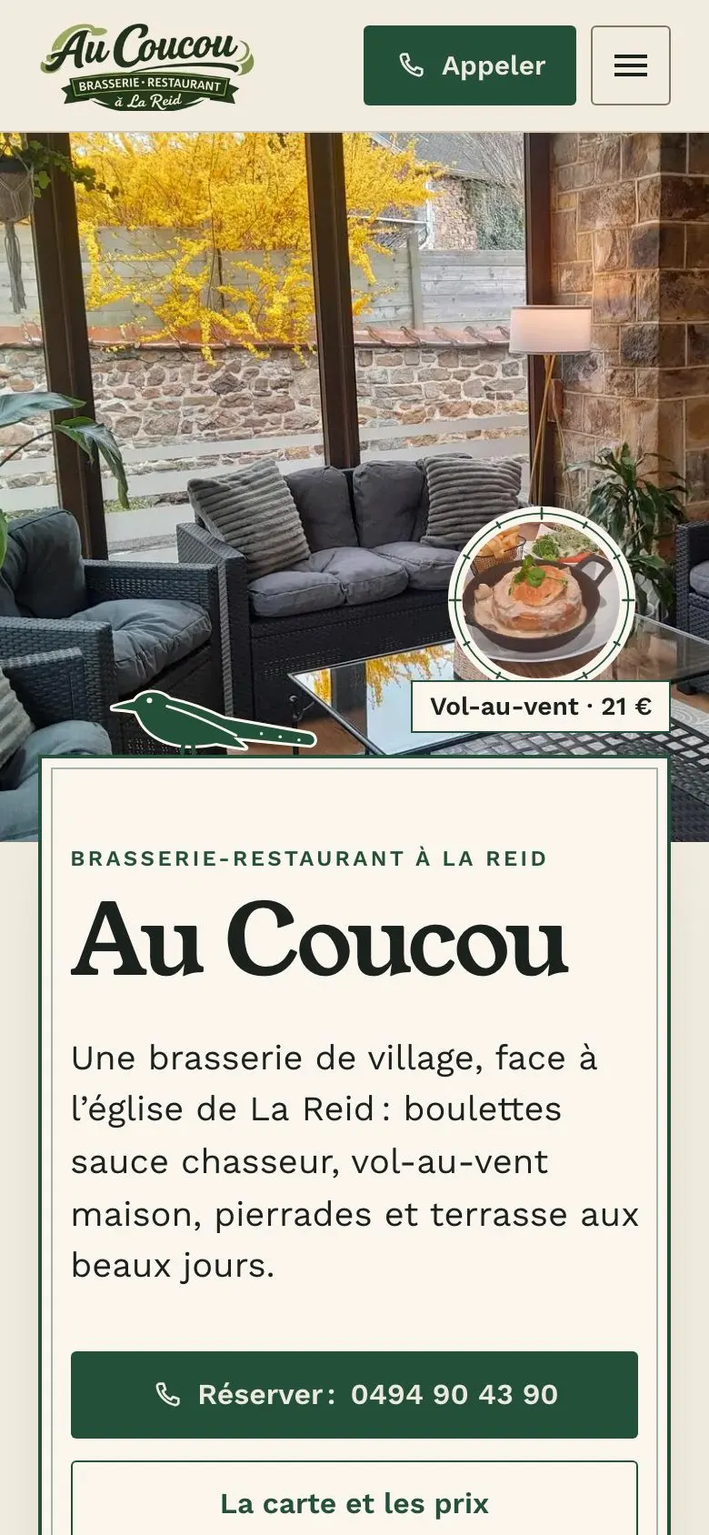 Aperçu du site d’Au Coucou, brasserie-restaurant à La Reid (Theux), sur téléphone